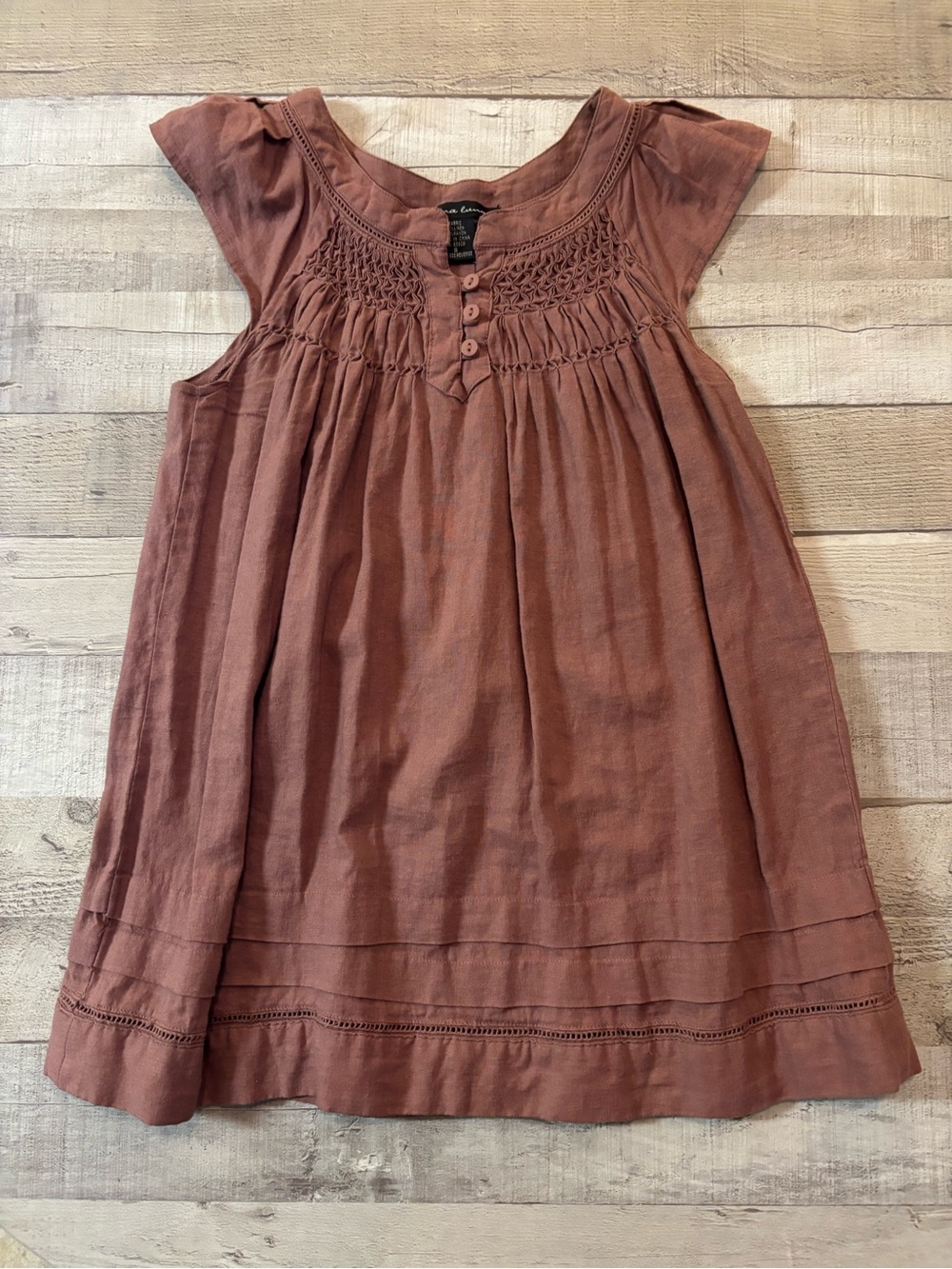 Marina Luna Rust Brown Smocked Cap-Sleeve Dress